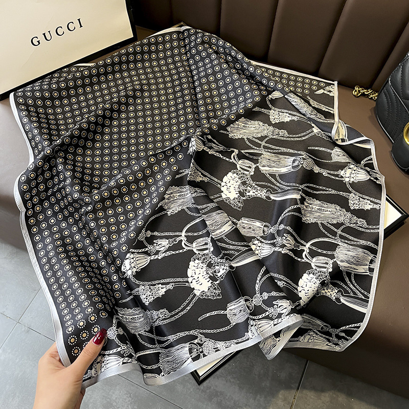 Picture of Spring and Autumn Thin Japanese and Korean Sweet Champagne Color Small Floral Silk Mulberry Silk 70cm Square Scarf Silk Scarf Hair Band Headwear Women