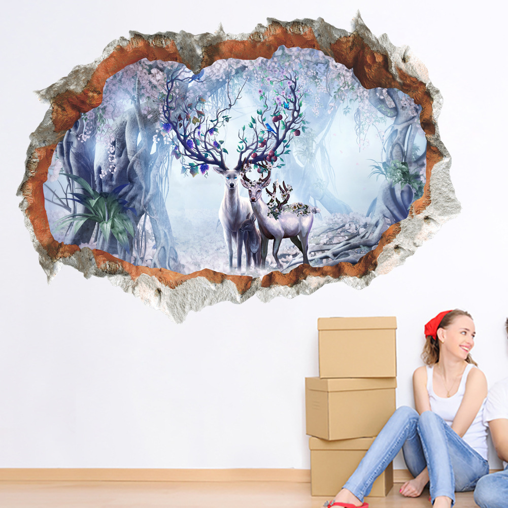 New 3d Wall Broken Forest Sika Deer Stickers Living Room TV Background Wall Decorative Wall Stickers ZY-14202