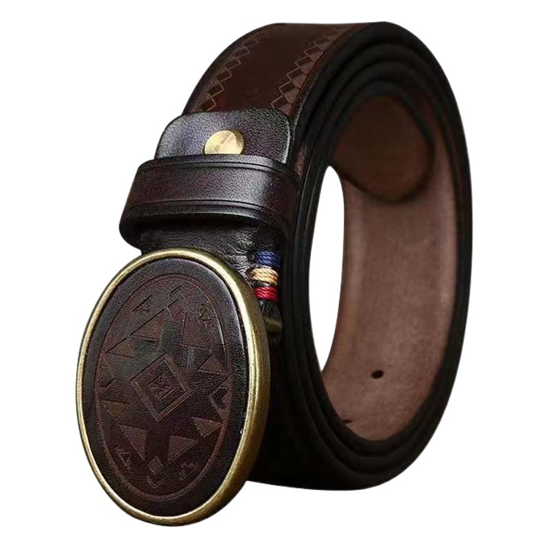 Retro Laser Engraving Pattern Trendyy Versatile Smooth Buckle Belt Plate Buckle Genuine Leather First Layer Pure Cowhide Belt Men's Style