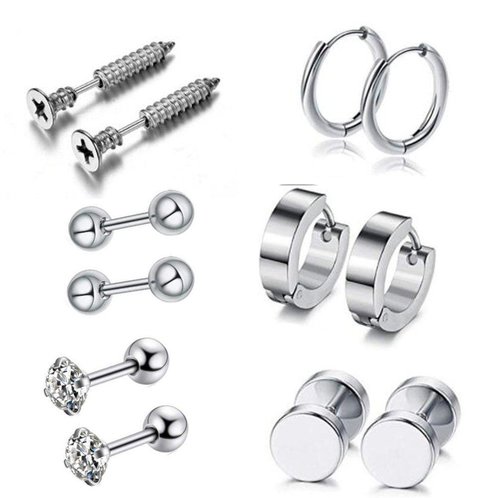 Picture of Amazon Stainless Steel Ear Stud Earrings Set 12 European and American Hip Hop Jewelry Barbell Zircon Ear Buckle Ear Pin