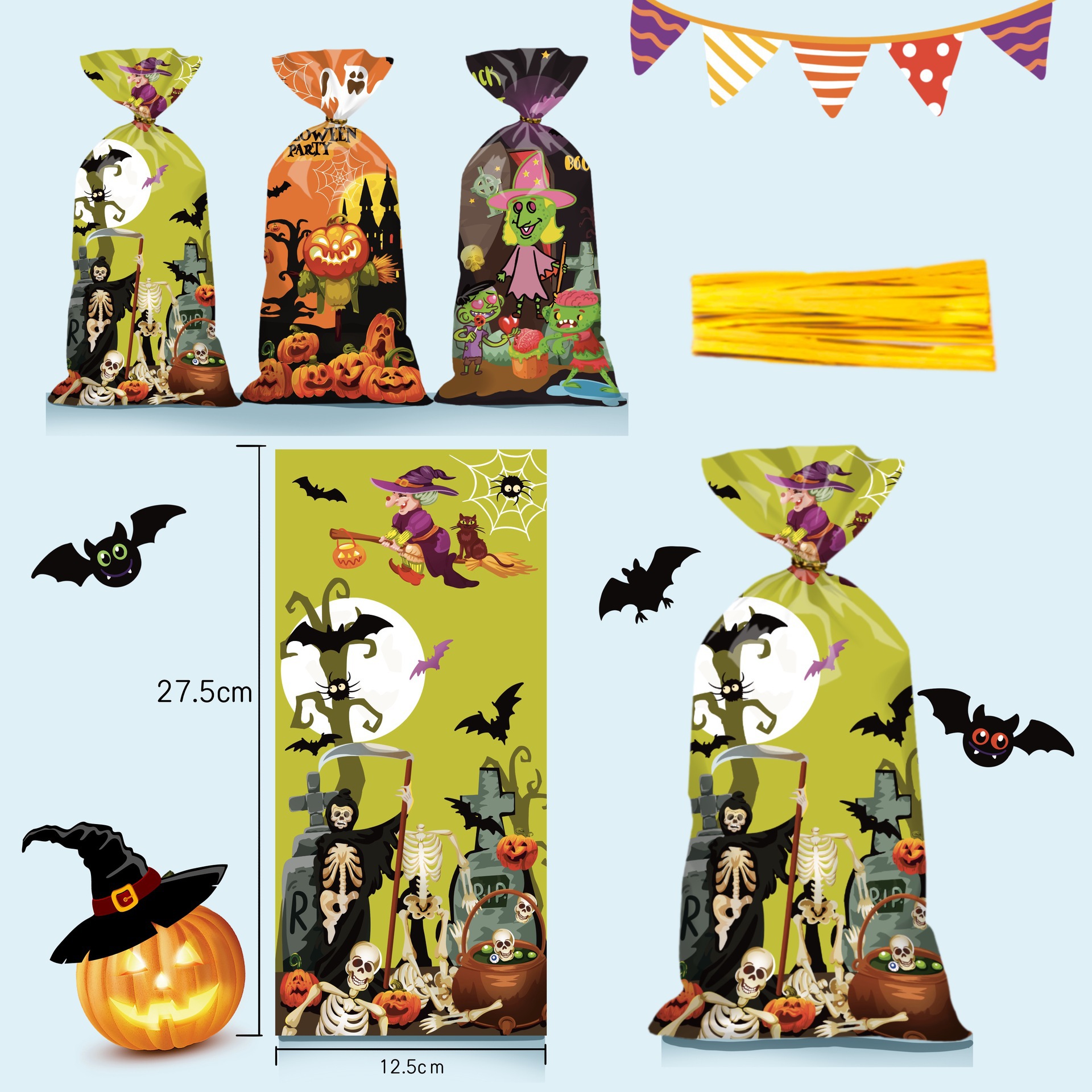 Cross-Border Opp Flat Bag Transparent Plastic Baking Bag Witch Bat Pumpkin Spider Halloween Candy Packaging Bag