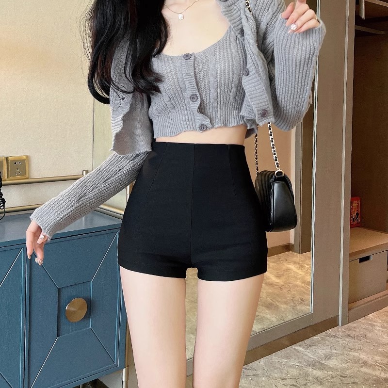 Black high waist tight shorts for women 2023 Autumn New elastic sexy casual pants solid color all-match hip pants fashion
