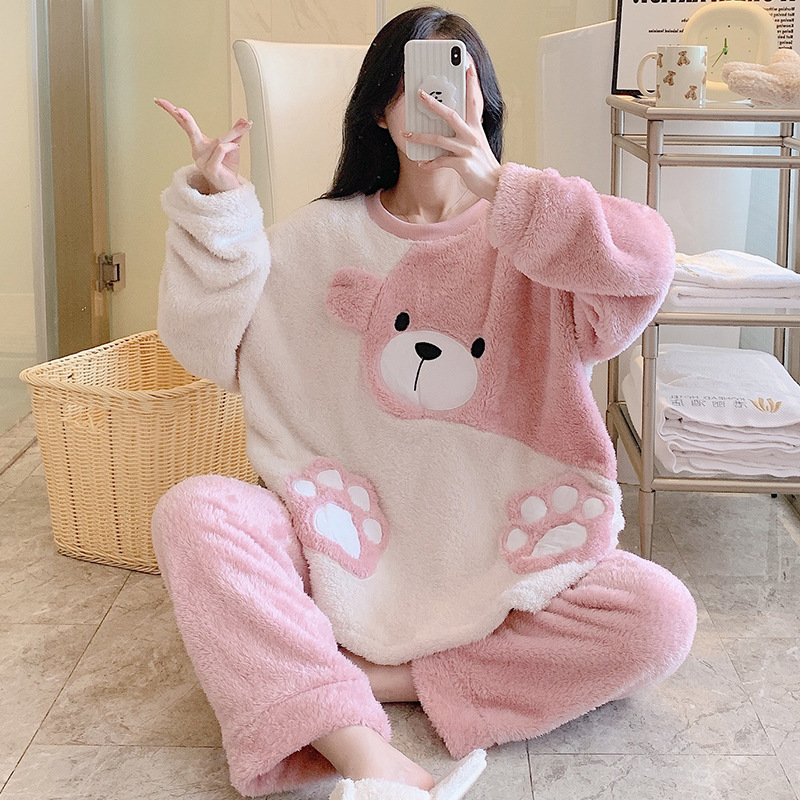 Women's plush pajamas winter New sweet cute bear long-sleeved trousers plus size chubby girl homewear