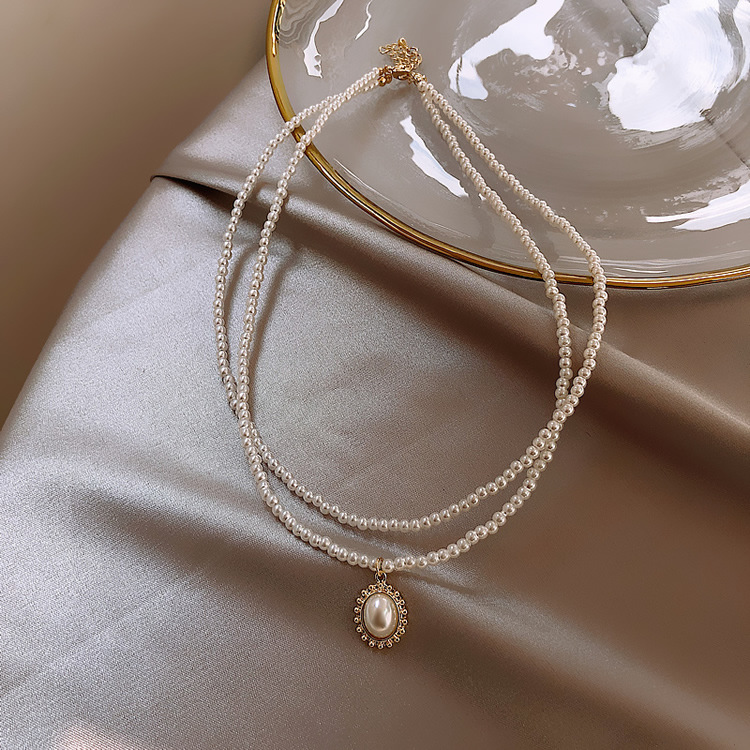 Picture of New Double-layer Pearl Water Drop Necklace Choker Clavicle Chain Women's Simple Elegant Instagram Popular Neck Cyber Celebrity Neck Chain