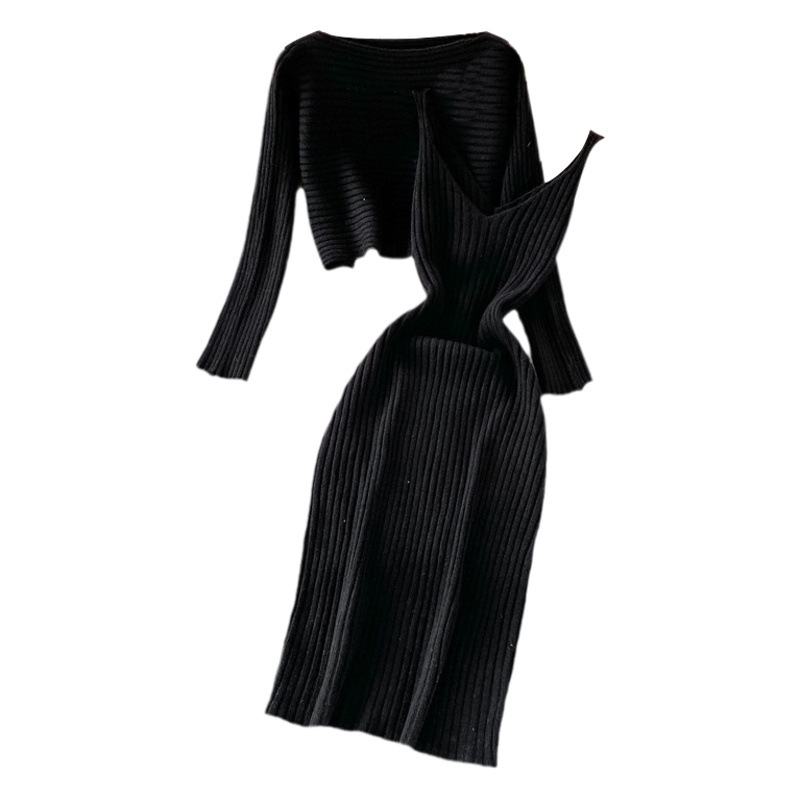 Autumn 2021 Loose Round Neck Slim-fit Short Sweater Top Two-piece Suit Sling Vose Skirt Slim-fit Dress