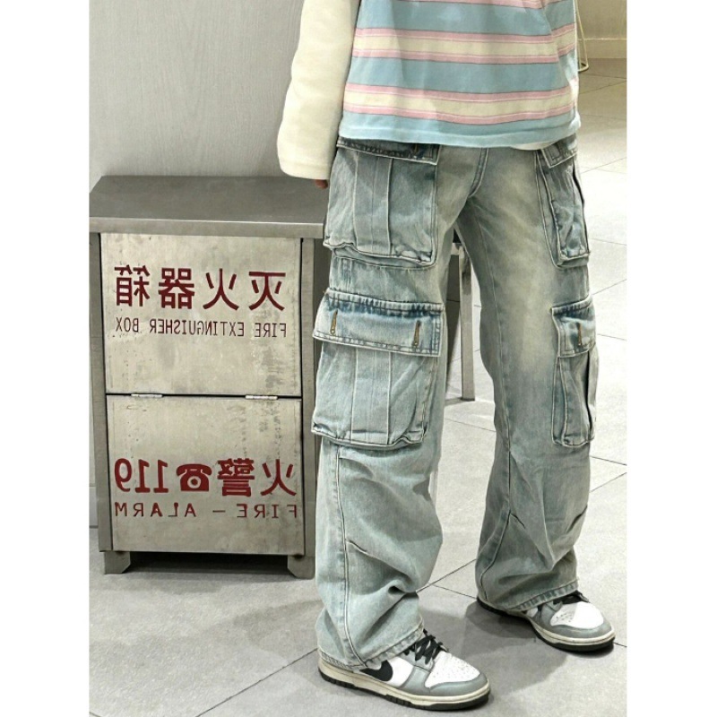 Picture of American Style Retro Washed Overalls Women's Autumn and Winter New High Street Multi-Pocket Casual Loose Straight Denim Pants