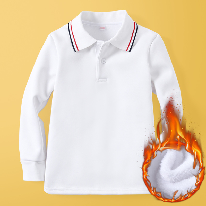 Picture of Children's Polo Shirt Long Sleeve Fleece Lapel White T-Shirt Boys and Girls Winter Thickened Warm Base Shirt School Uniform T