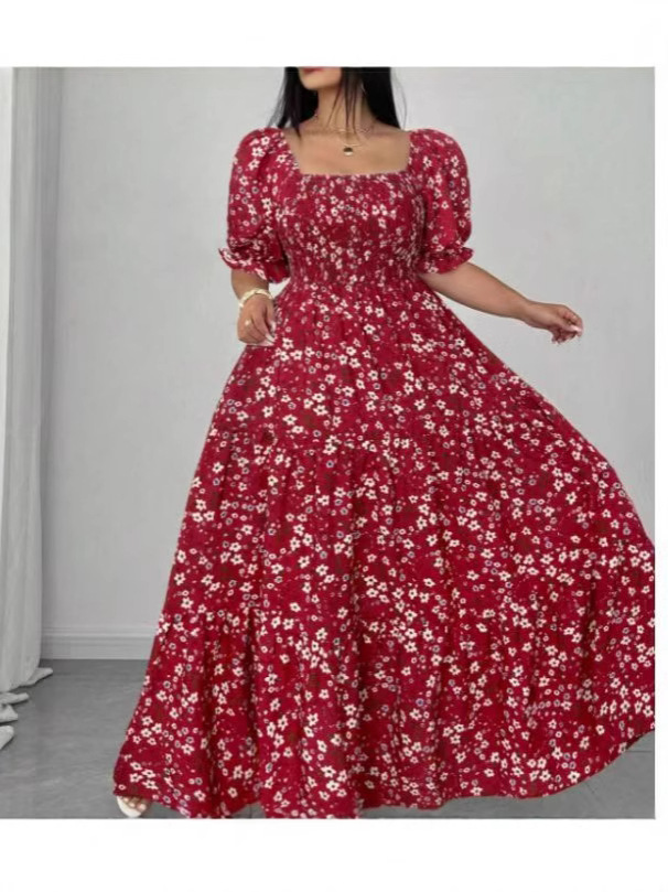 Cross-Border Amazon New European and American French Puff Sleeve Waist Long Skirt Square Neck Floral Large Size Women's Dress