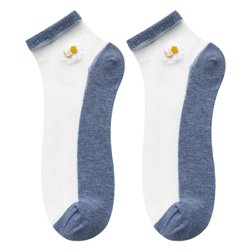 Little Daisy Short Socks Women's Summer New Shallow Mouth Transparent Glass Silk Cotton Bottom Korean Style Short Tube Boat Socks Crystal Silk Stockings