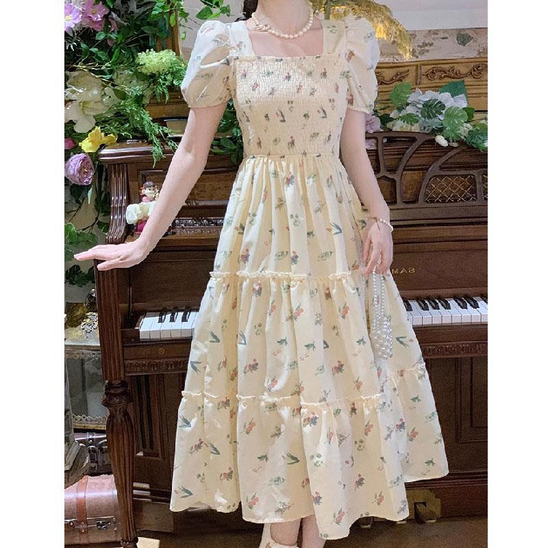 French Gentle Style Sweet Floral Dress 2025 Summer New Pleated Waist-Covering Slimming Look Mid-Length Skirt