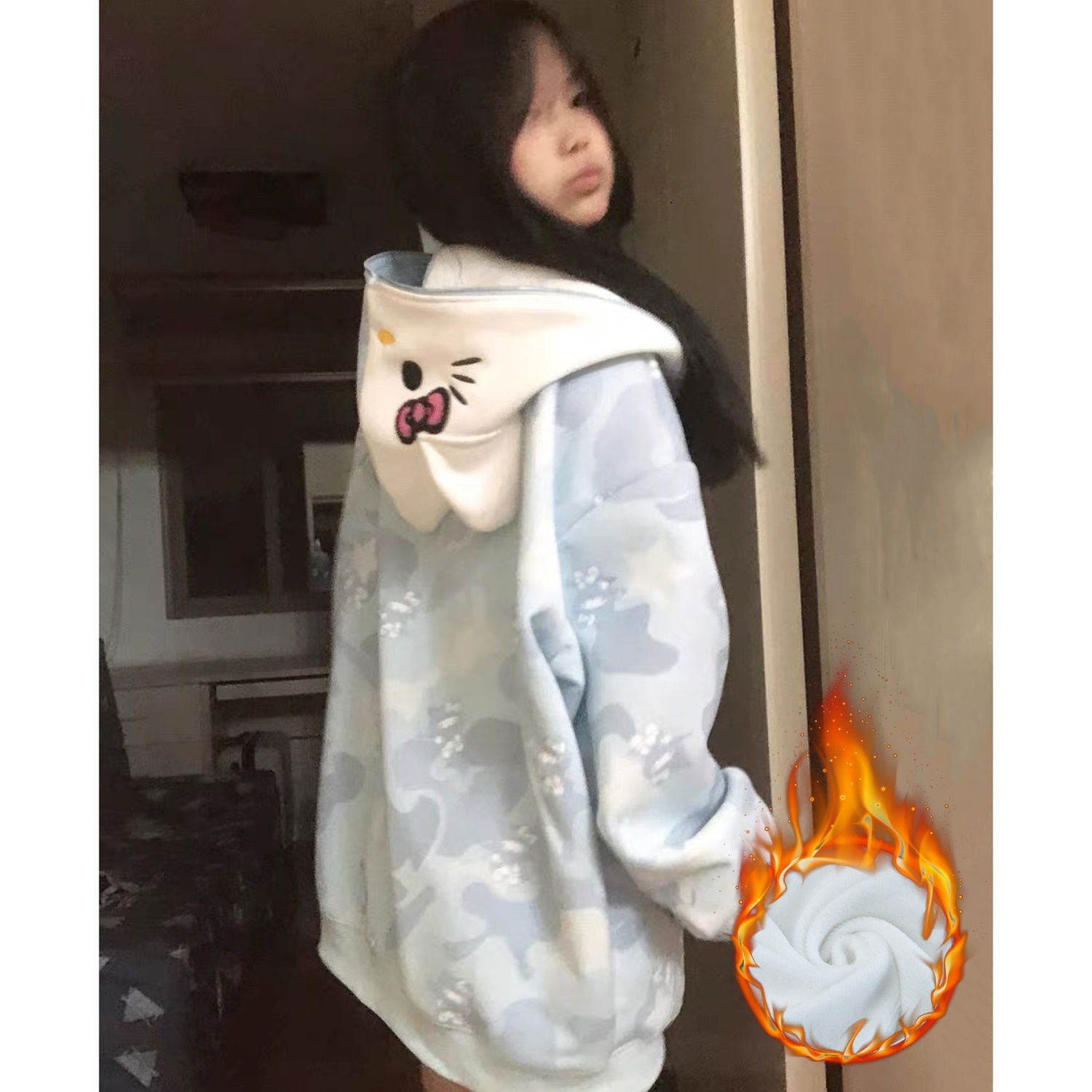 Imitation Chinese Cotton Fuzhen Super Autumn and Winter College Style Zipper Hooded fleece-lined Women's Long-sleeved Loose Coat