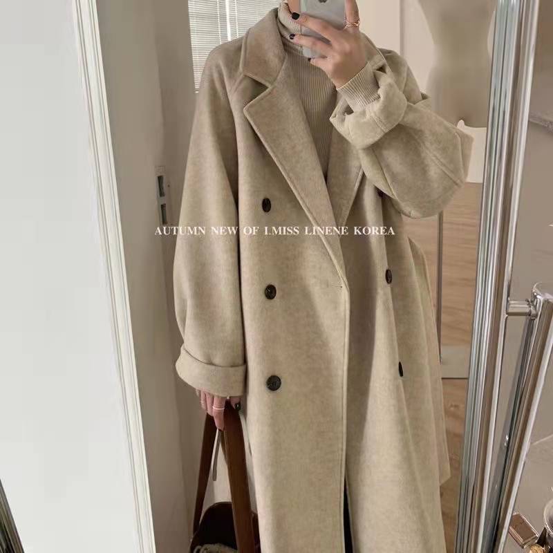 Woolen Coat Women's Mid-length 2024 Autumn and Winter New Hepburn Style Elegant Small Loose Thickened Woolen Coat