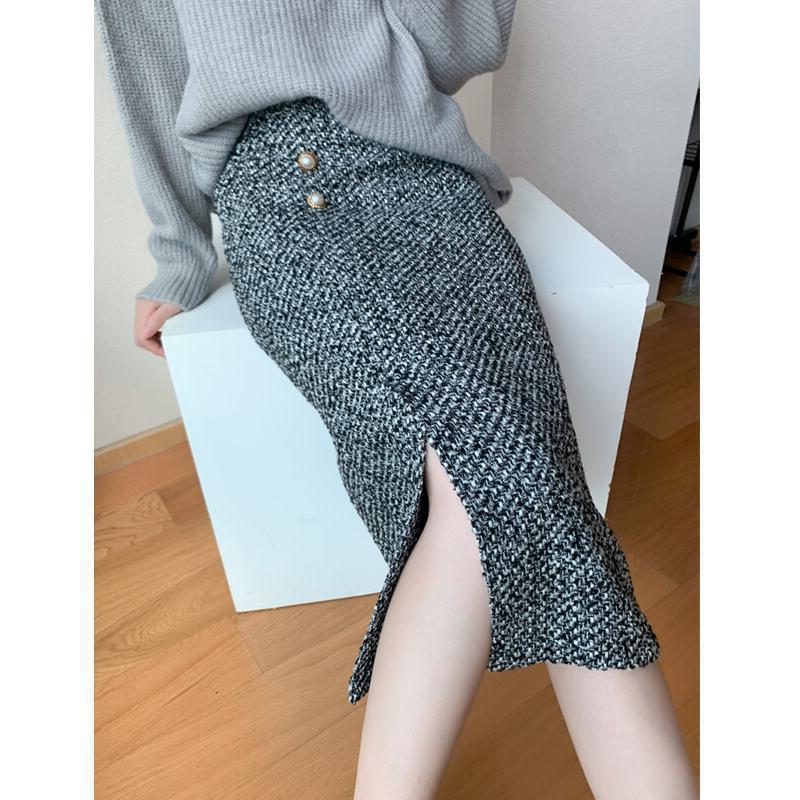 Chanel Style Tweed Woolen Skirt Women's Autumn and Winter New Style Elegant High Waist All-match Hip A- shaped Mid-length Skirt