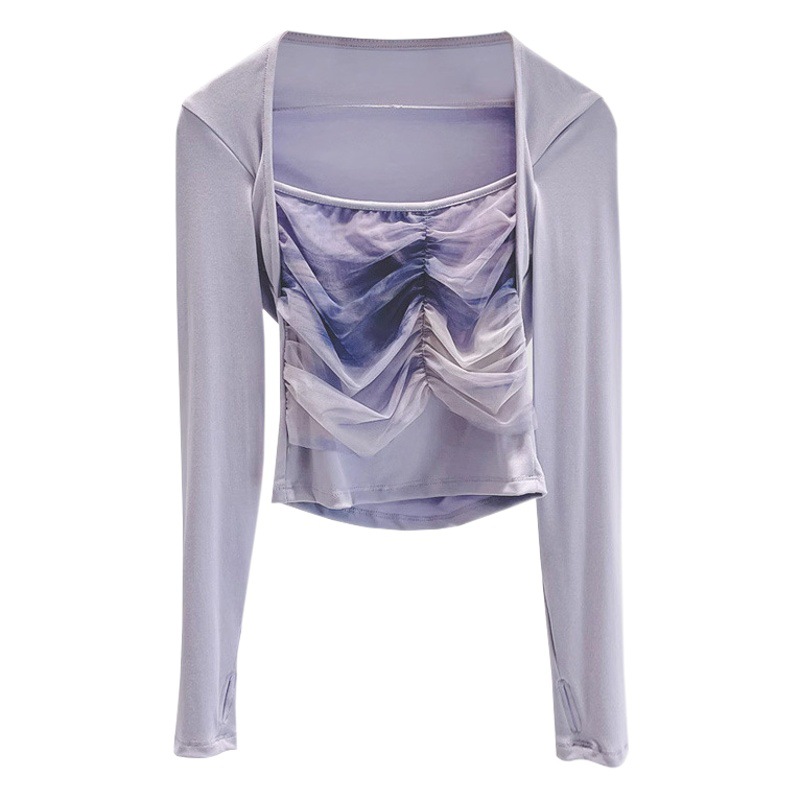 Dancing Suit Adult Women's Slim-fit Long-sleeved Chinese Style Ink Printed Stitching Top Classical Kung-fu Body Clothing