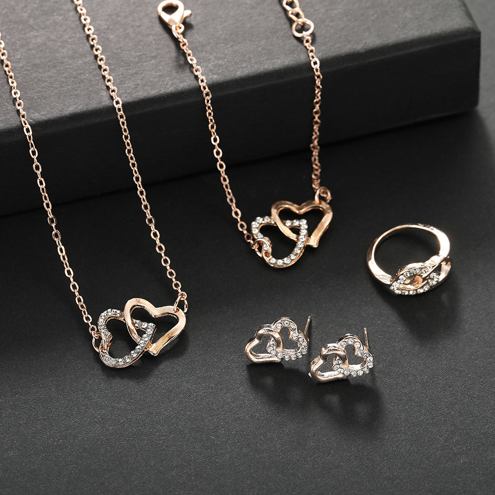 Picture of New Fashion European and American Simple Double Love Necklace Jewelry suit Light Luxury Bride Double Heart Jewelry Four-piece Set