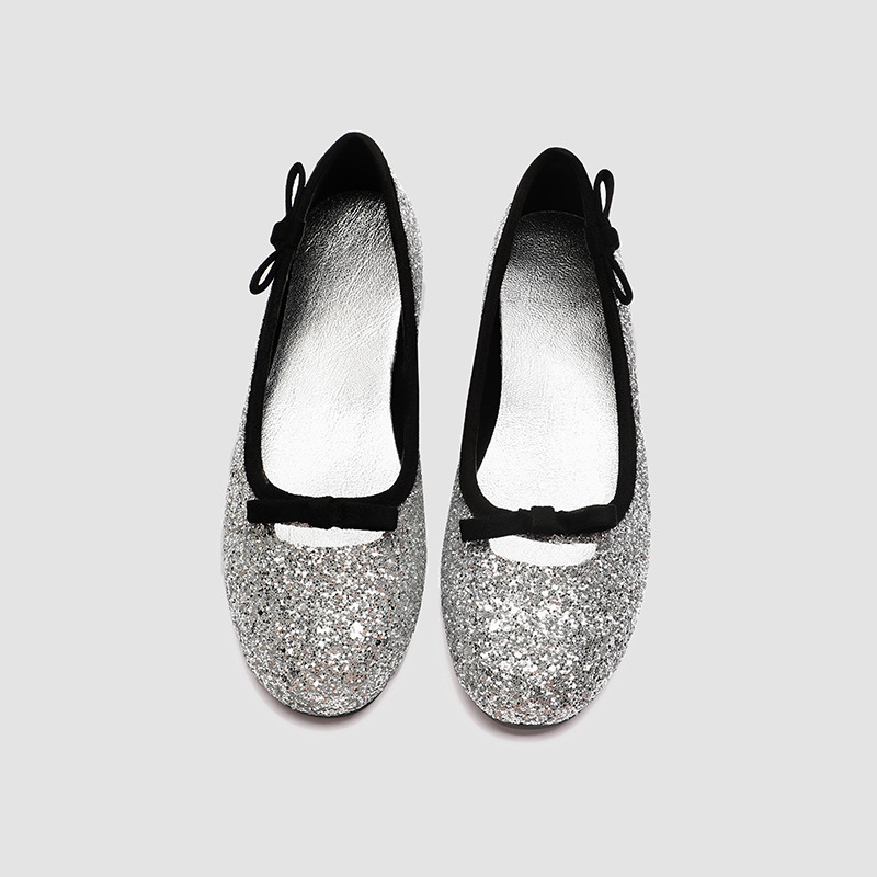 Women's Flat Shoes for Spring and Summer 2024 New Arrival silver Bow Sweet Round Toe Ballet Outwear French Mary Jane Shoes