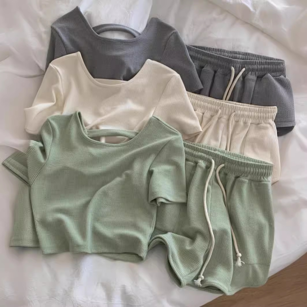 Cross-border Real-time American-style Cotton Solid Color Sports suit Women's Elasto Slim-fit Short-sleeved Shorts suit Summer Wear