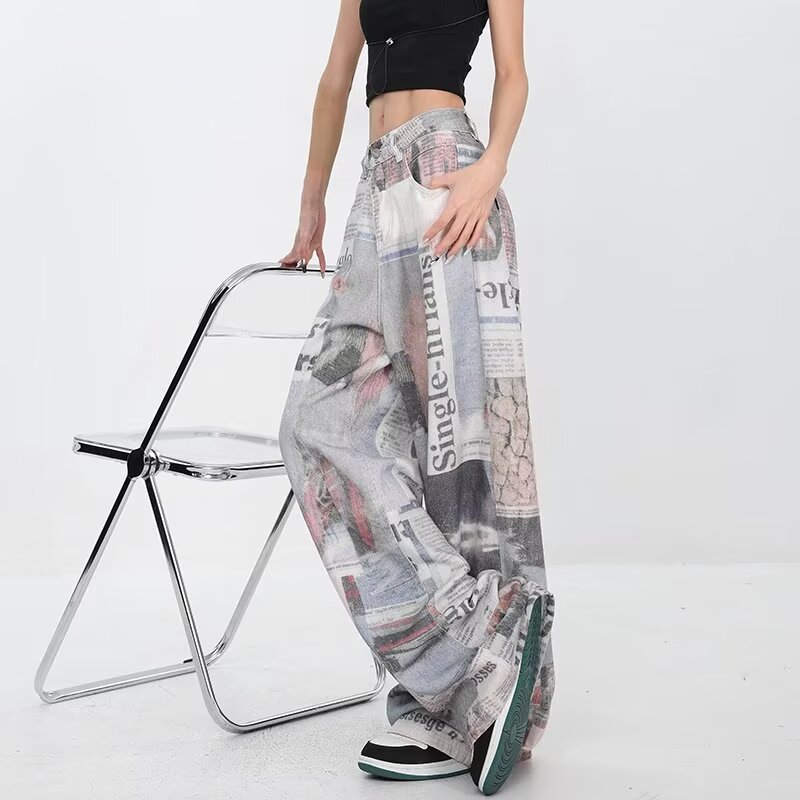 American Style Retro Newspaper Printed Jeans Women's Summer New Design Sense High Waist Loose Straight Leg Wide Leg Trendy Pants