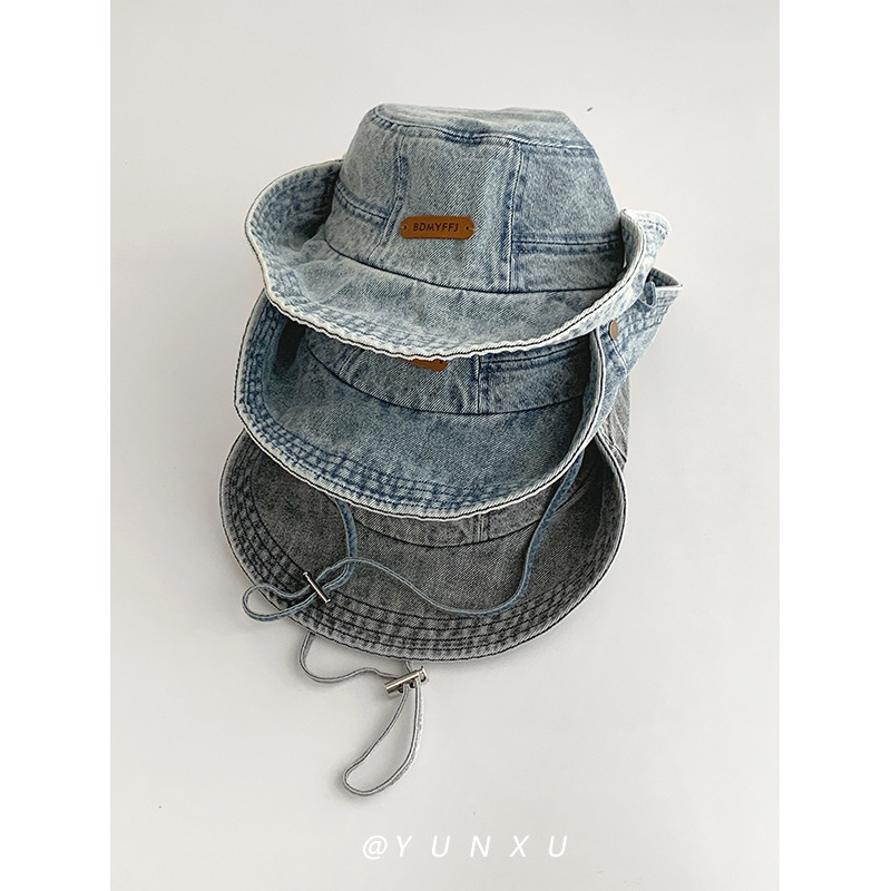 Yunxu/Japanese Style Versatile Fashionable Leather Label Retro Washed Denim Fisherman Hat for Women Outdoor Camping Style Mountaineering Hat for Men