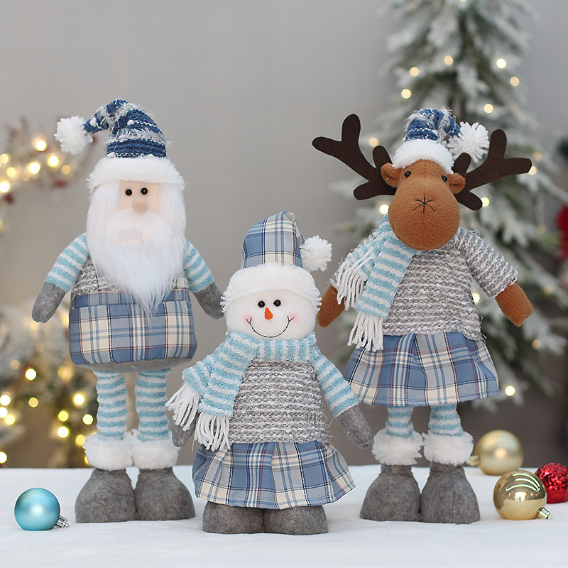 Nordic Christmas New Blue Fabric Telescopic Santa Snowman Elk Doll Christmas Doll Decorations