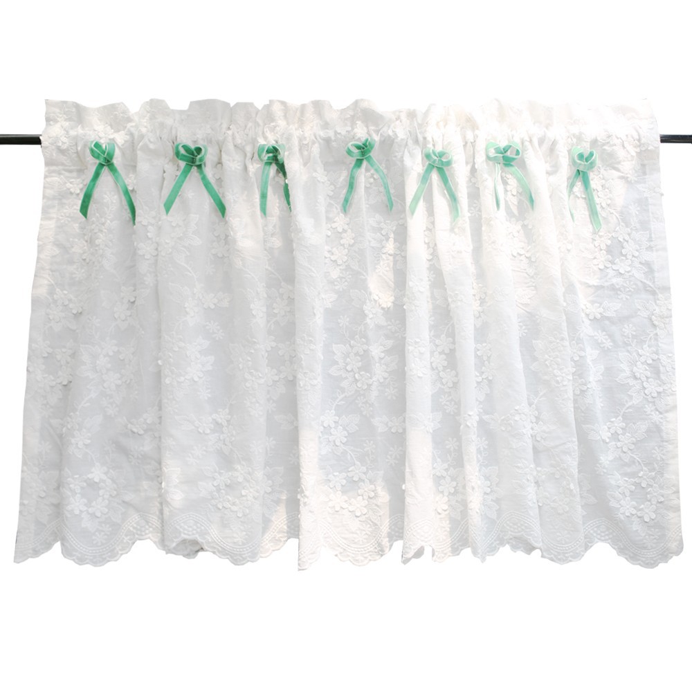 Picture of Nordic American Style British White Flower Embroidered Half Curtain Wearing Rod Curtain Mantle Head Cabinet Door Curtain Punch-free Cabinet Curtain Curtain