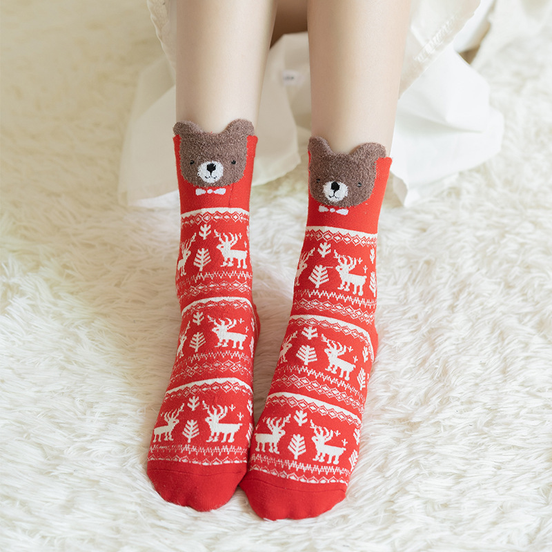 Picture of Christmas socks women's autumn and winter New Year festive women's socks Japanese cotton socks three-dimensional cartoon elk cross-border Women's Mid-calf length socks