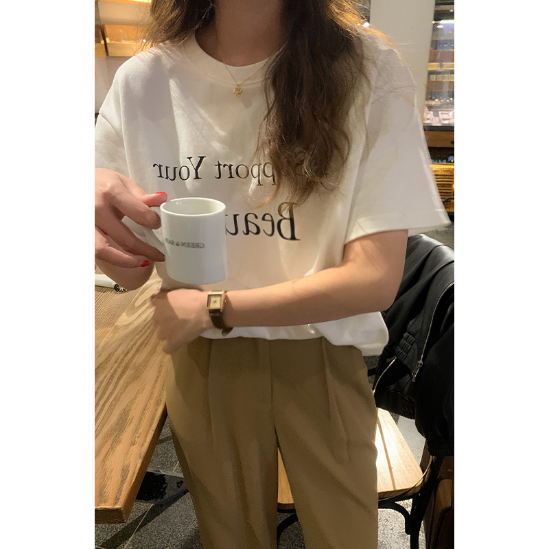 2024 Spring and Summer New Letter Short-sleeved T-shirt Women's Korean-style Loose Cotton Base White Half-sleeved Top
