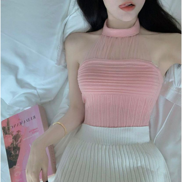 Picture of Lace Hanging Neck Sling Women's Summer Chest Wrapping Vest French Style Chic Strapless Hot Girl Sexy Knitted Top