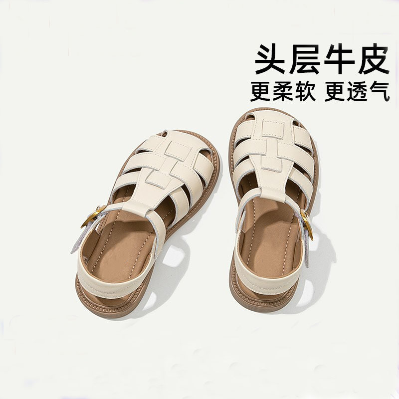 Girls' Sandals Genuine Leather 2025 Summer New Style Little Girl's Shoes Children's Top-covered Roman Shoes Summer Woven Children's Shoes