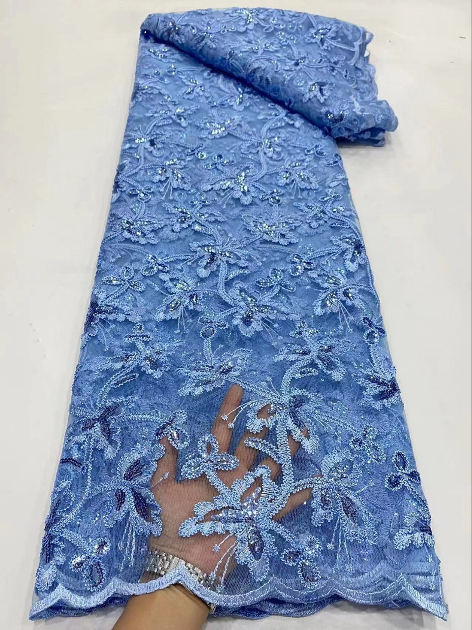 Picture of Summer Hanfu Plant Flower Dress Embroidered Cloth Double Rope Sequin Lace Fabric African Garment Lace JX2296