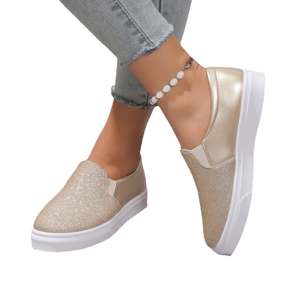 Picture of 2025 Summer New Flat Sequin Low-Top Flat Single Shoes Women's Plus Size Round Toe Elastic Strap Foot Loafer Shoes