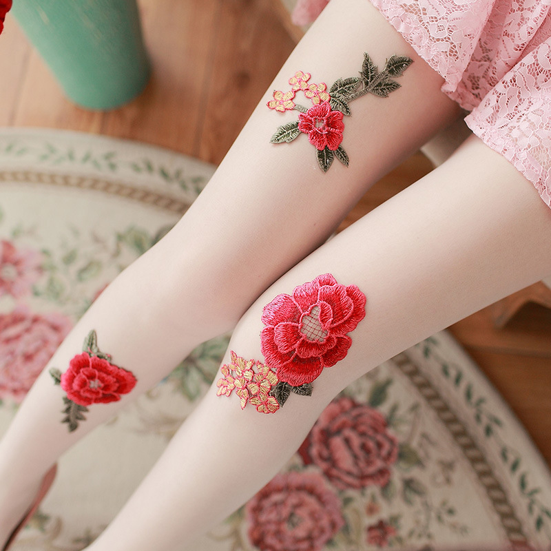 Picture of Red Rose Manual Spot Drill Nail Beads Lace Pearl Arbitrary Cut Silk Stockings Black Silk Base Pantyhose