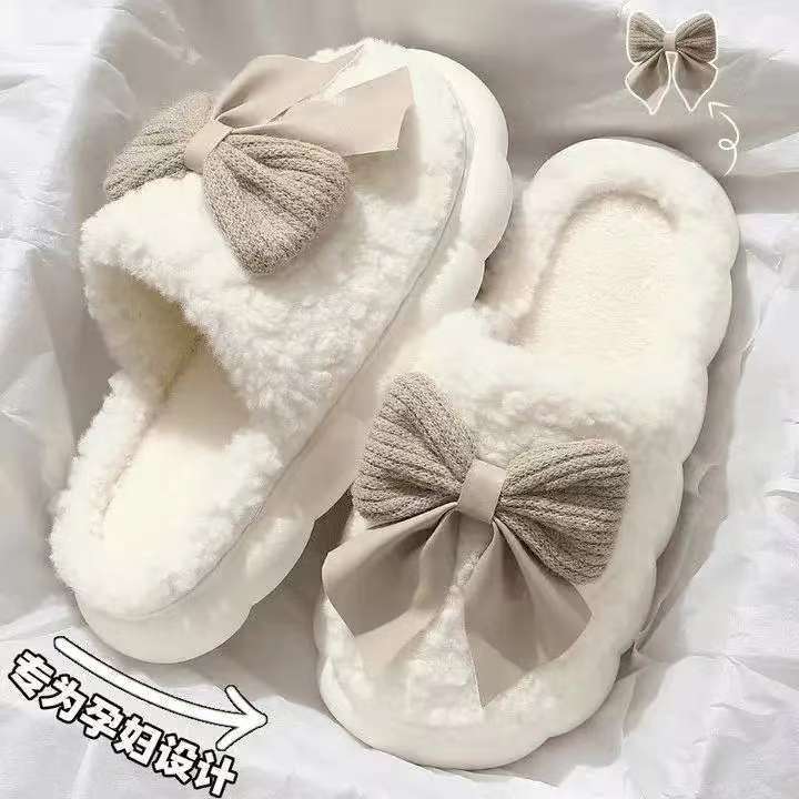 Women's bow cotton slippers fall and winter couple home cotton shoes non-slip platform plush warm confinement shoes wholesale