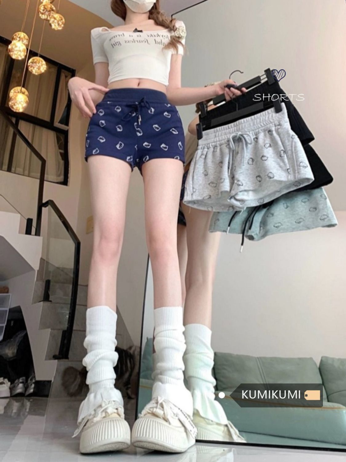 Booty Pants Design Sense Printed Sports Casual Pants Women's Summer Elastiness Waist Drawstring Straight Shorts Outer Wear Hot Pants