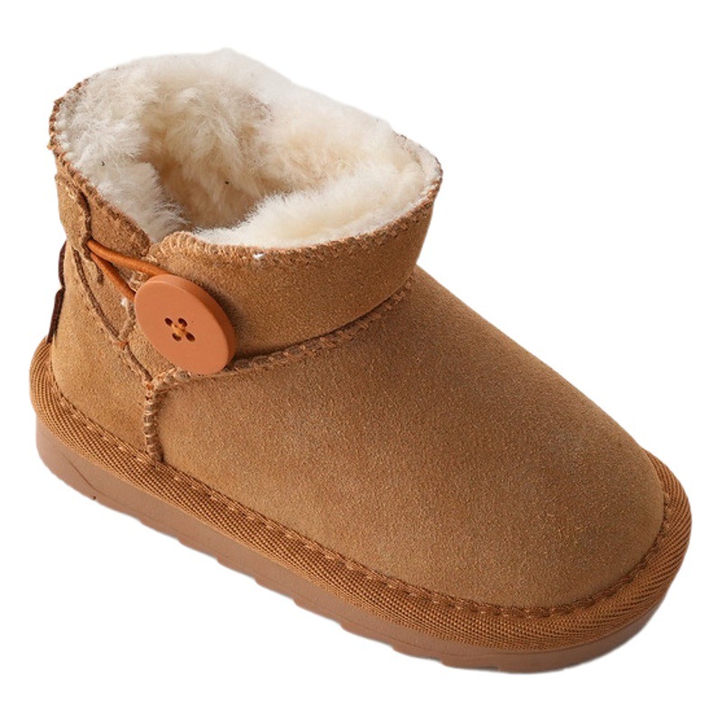 Xshx "Log Button" Kidsren's Genuine Leather Snow Boots for Boys and Girls Winter Thickeneded Winter Slip-Ons [Wenzhou Shoes]