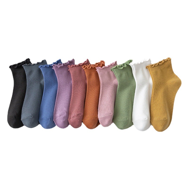 Lace Socks for Women, Solid Color Cotton Socks, Spring and Autumn Style, Loose Mid-Calf Socks, Women's Ruffled Edge, Japanese and Korean Style Socks Wholesale