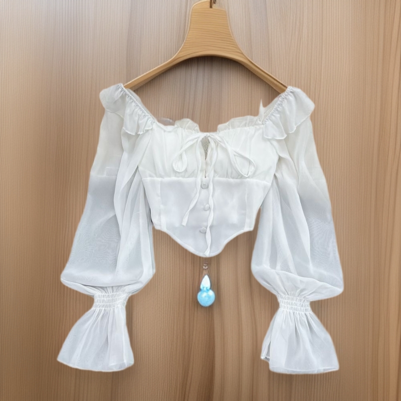 Cross-Border One-Shoulder Off-Shoulder Halterneck Bell-Sleeved Shirt for Women, Fashionable, Slimming Look, Asymmetrical Top 1049