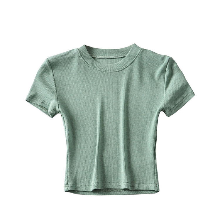 Picture of YPFF new summer color slim-fit short-sleeved round neck bag chest T-shirt sports fitness solid color short navel top