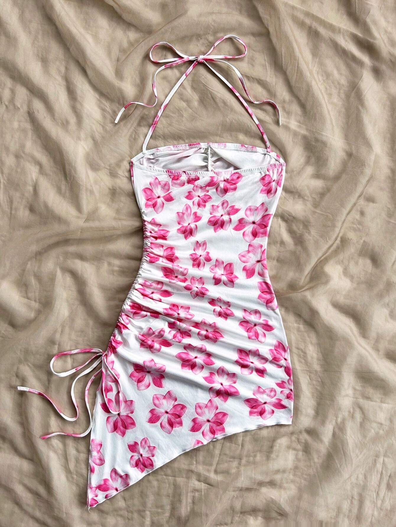 2025 European and American Women's Sexy Sling Summer Floral Print Asymmetrical Hem Holiday Style Strapless Slim Fit dress