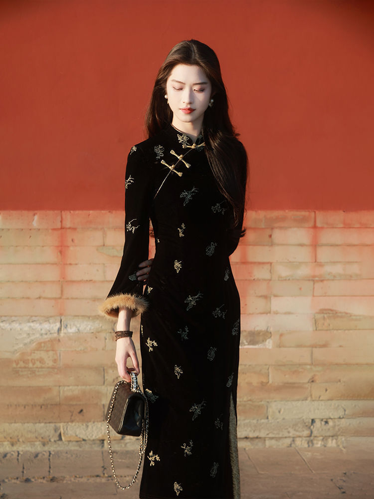 [Rain Ink] New Chinese Style Improved Super Immortal Cheongsam 2024 Autumn and Winter Gentle Literary Retro Style Waist Tight dress