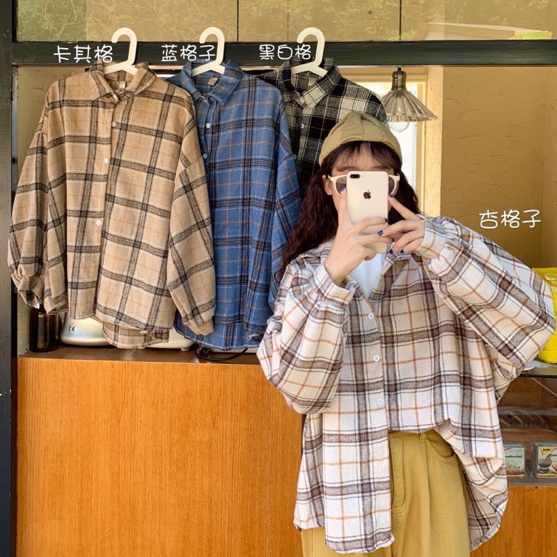 Cross-border Retro Hong Kong-style Plaid Long-sleeved Shirt Women's New Autumn Korean-style Loose Mid-length Cardigan Jacket