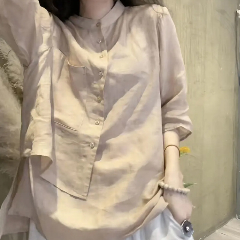 Picture of Cotton and Linen Shirt Women's 2024 Spring and Summer New Retro Design Sense Niche Seven-point Sleeve Loose Belly Covering Thin Top