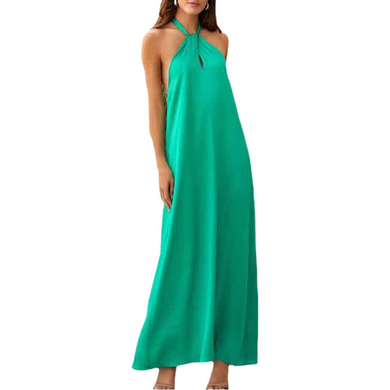 Summer 2025 European and American Holiday Casual Women's Sleeveless Neck Sexy Backless Solid Color dress Chiffon Long Dress