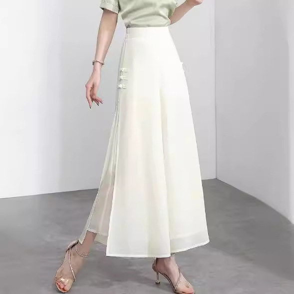 2024 Spring and Summer New Slit Wide-leg Pants Skirt for Women Two-color High-waisted Loose Slimming Look Chiffon Nine-point Pants