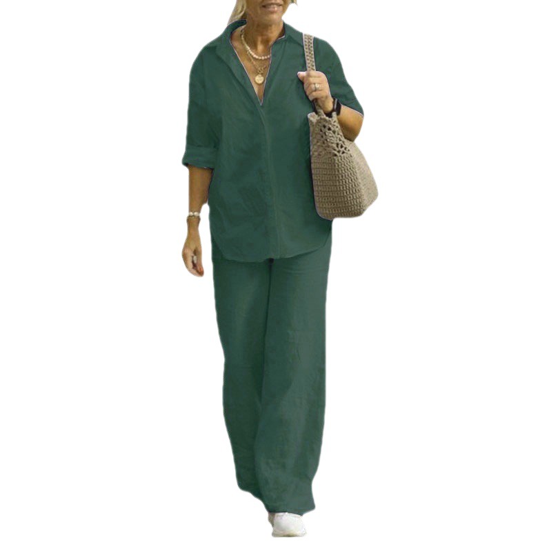 2023 Europe and the United States cross-border women's two-piece women's lapel long sleeve shirt spring and autumn casual solid color pants wide leg suit