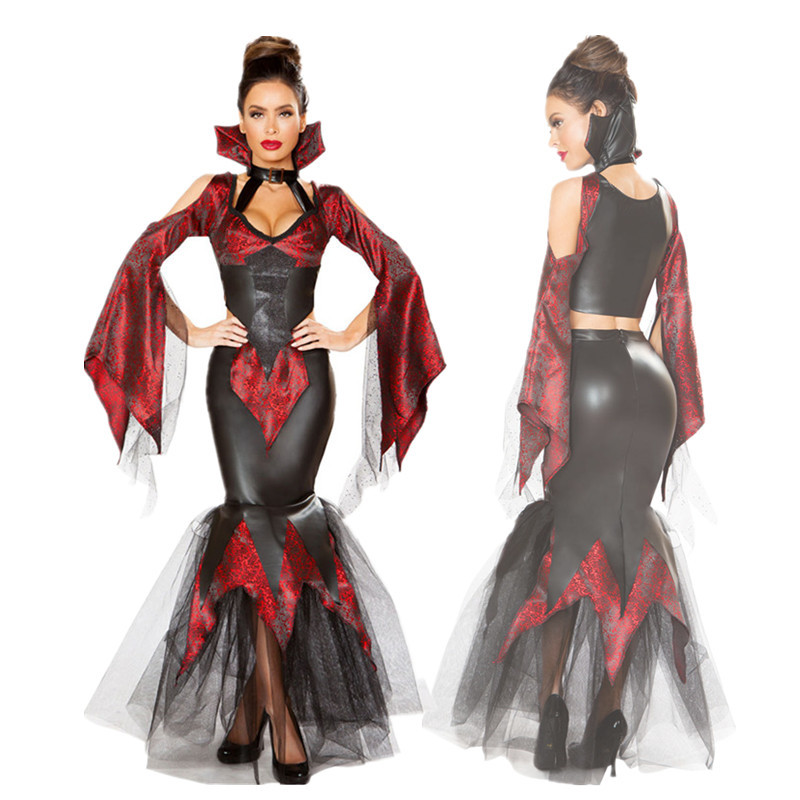 New Halloween Party Show Women cosplay Vampire Bride Queen Sexy Court Patent Leather Long Dress