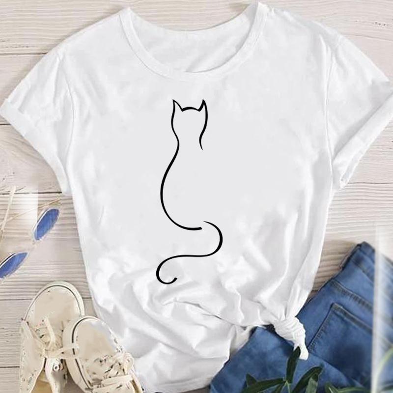 Cat Cat Printed plus size Korean Cross-border Women's Top European and American Round Neck Casual Street T-shirt
