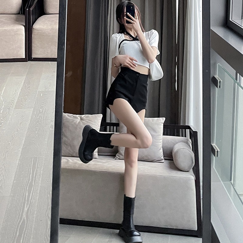 Irregular High Waist Black Suit Shorts Women's Spring and Autumn Small Hot Girl A- Shaped Slim-Fit Super Short Hot Trendy Pants