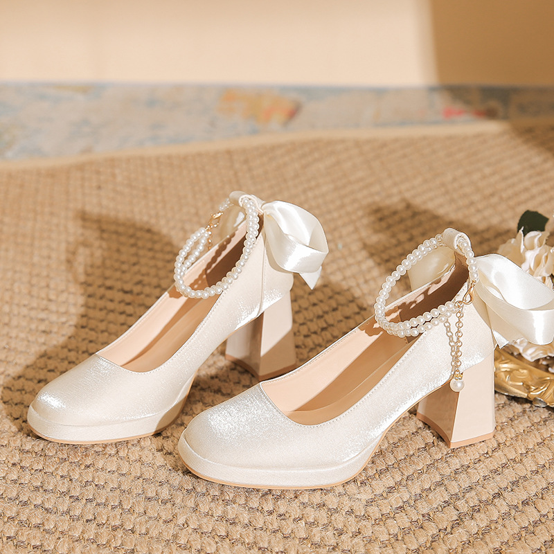 2024 Thick-Soled Waterproof Platform Small Tall Mary Jane Shoes Women's New Bridal Shoes Wedding Shoes Bridesmaid High Heels