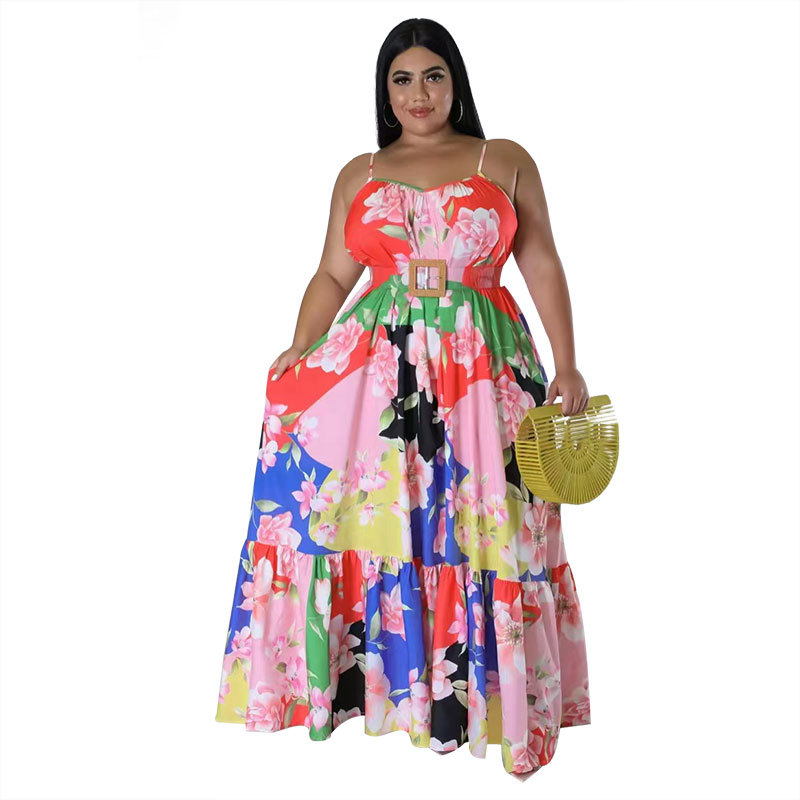 Picture of 211259 New Summer Product European and American Sexy Off-Shoulder Pleated Long Plus Size Women's Fashion Printed Suspender Dress